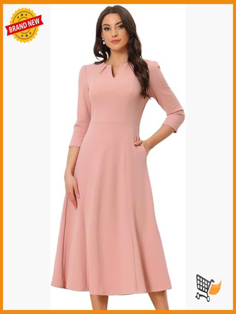 3/4 Sleeve V-Neck A-Line Midi Dress with Pockets Work Formal